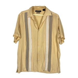 Bowling Shirt Mens Medium Striped Yellow Short Sleeve Axist Silk Touch